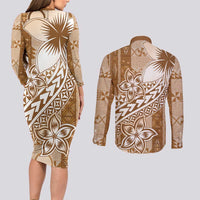 Tonga Kupesi Ngatu Couples Matching Long Sleeve Bodycon Dress and Long Sleeve Button Shirt Vintage Brown Plumeria