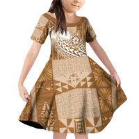 Tonga Kupesi Ngatu Family Matching Off Shoulder Short Dress and Hawaiian Shirt Vintage Brown Plumeria