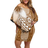 Tonga Kupesi Ngatu Family Matching Off Shoulder Short Dress and Hawaiian Shirt Vintage Brown Plumeria