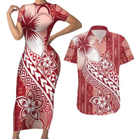 Tonga Kupesi Ngatu Couples Matching Short Sleeve Bodycon Dress and Hawaiian Shirt Vintage Red Plumeria