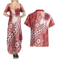 Tonga Kupesi Ngatu Couples Matching Summer Maxi Dress and Hawaiian Shirt Vintage Red Plumeria