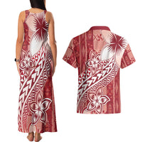 Tonga Kupesi Ngatu Couples Matching Tank Maxi Dress and Hawaiian Shirt Vintage Red Plumeria