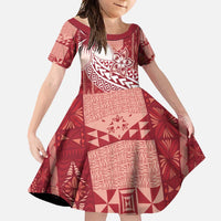 Tonga Kupesi Ngatu Family Matching Long Sleeve Bodycon Dress and Hawaiian Shirt Vintage Red Plumeria
