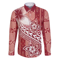 Tonga Kupesi Ngatu Family Matching Long Sleeve Bodycon Dress and Hawaiian Shirt Vintage Red Plumeria