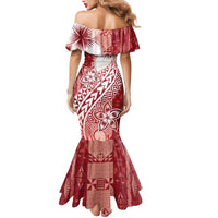 Tonga Kupesi Ngatu Family Matching Mermaid Dress and Hawaiian Shirt Vintage Red Plumeria