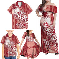 Tonga Kupesi Ngatu Family Matching Off Shoulder Maxi Dress and Hawaiian Shirt Vintage Red Plumeria