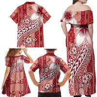 Tonga Kupesi Ngatu Family Matching Off Shoulder Maxi Dress and Hawaiian Shirt Vintage Red Plumeria