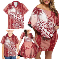 Tonga Kupesi Ngatu Family Matching Off Shoulder Short Dress and Hawaiian Shirt Vintage Red Plumeria