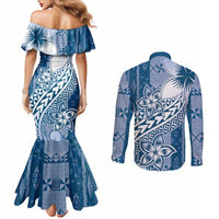 Tonga Kupesi Ngatu Couples Matching Mermaid Dress and Long Sleeve Button Shirt Vintage Blue Plumeria