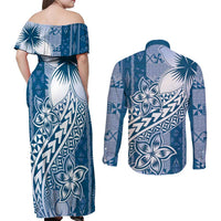 Tonga Kupesi Ngatu Couples Matching Off Shoulder Maxi Dress and Long Sleeve Button Shirt Vintage Blue Plumeria