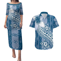 Tonga Kupesi Ngatu Couples Matching Puletasi and Hawaiian Shirt Vintage Blue Plumeria