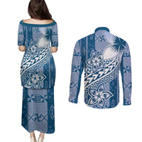 Tonga Kupesi Ngatu Couples Matching Puletasi and Long Sleeve Button Shirt Vintage Blue Plumeria LT05 - Polynesian Pride