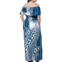 Tonga Kupesi Ngatu Family Matching Off Shoulder Maxi Dress and Hawaiian Shirt Vintage Blue Plumeria