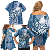 Tonga Kupesi Ngatu Family Matching Off Shoulder Short Dress and Hawaiian Shirt Vintage Blue Plumeria