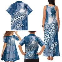 Tonga Kupesi Ngatu Family Matching Tank Maxi Dress and Hawaiian Shirt Vintage Blue Plumeria