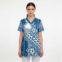 Tonga Kupesi Ngatu Scrub Top Vintage Blue Plumeria - Polynesian Pride