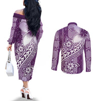 Tonga Kupesi Ngatu Couples Matching Off The Shoulder Long Sleeve Dress and Long Sleeve Button Shirt Vintage Purple Plumeria