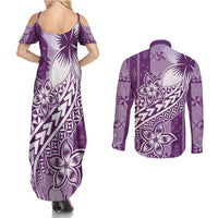 Tonga Kupesi Ngatu Couples Matching Summer Maxi Dress and Long Sleeve Button Shirt Vintage Purple Plumeria