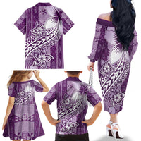 Tonga Kupesi Ngatu Family Matching Off The Shoulder Long Sleeve Dress and Hawaiian Shirt Vintage Purple Plumeria