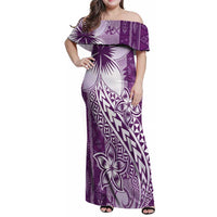 Tonga Kupesi Ngatu Family Matching Off Shoulder Maxi Dress and Hawaiian Shirt Vintage Purple Plumeria