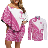 Personalised New Zealand Nurse Couples Matching Off Shoulder Short Dress and Long Sleeve Button Shirt Maori Koru Pink Version