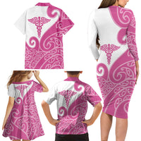 Personalised New Zealand Nurse Family Matching Long Sleeve Bodycon Dress and Hawaiian Shirt Maori Koru Pink Version