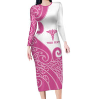 Personalised New Zealand Nurse Family Matching Long Sleeve Bodycon Dress and Hawaiian Shirt Maori Koru Pink Version