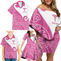 Personalised New Zealand Nurse Family Matching Off Shoulder Short Dress and Hawaiian Shirt Maori Koru Pink Version