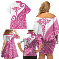Personalised New Zealand Nurse Family Matching Off Shoulder Short Dress and Hawaiian Shirt Maori Koru Pink Version