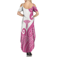 Personalised New Zealand Nurse Family Matching Summer Maxi Dress and Hawaiian Shirt Maori Koru Pink Version