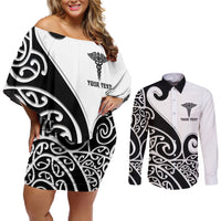 Personalised New Zealand Nurse Couples Matching Off Shoulder Short Dress and Long Sleeve Button Shirt Maori Koru Black Version