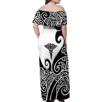 Personalised New Zealand Nurse Family Matching Off Shoulder Maxi Dress and Hawaiian Shirt Maori Koru Black Version