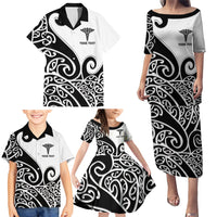 Personalised New Zealand Nurse Family Matching Puletasi and Hawaiian Shirt Maori Koru Black Version
