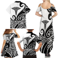 Personalised New Zealand Nurse Family Matching Summer Maxi Dress and Hawaiian Shirt Maori Koru Black Version