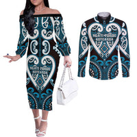 Custom Aotearoa Ngati Porou Couples Matching Off The Shoulder Long Sleeve Dress and Long Sleeve Button Shirt Maori Tribal Pattern LT05 Blue - Polynesian Pride