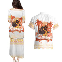 Hawaiian Volcano Lava Flow Couples Matching Puletasi and Hawaiian Shirt With Hawaiian Tapa Pattern