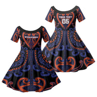 Custom Aotearoa Whakatohea Family Matching Short Sleeve Bodycon Dress and Hawaiian Shirt Maori Tribal Pattern LT05 Daughter's Dress Navy - Polynesian Pride