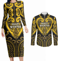 Custom Aotearoa Ngati Whatua Couples Matching Long Sleeve Bodycon Dress and Long Sleeve Button Shirt Maori Tribal Pattern LT05 Yellow - Polynesian Pride