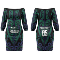 Custom Aotearoa Ngati Pikiao Family Matching Off The Shoulder Long Sleeve Dress and Hawaiian Shirt Maori Tribal Pattern LT05 Mom's Dress Green - Polynesian Pride