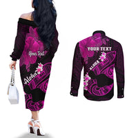 Personalized Hawaii Maui Couples Matching Off The Shoulder Long Sleeve Dress and Long Sleeve Button Shirts Polynesian Fish Hook Hibiscus Pink Version LT05 - Polynesian Pride