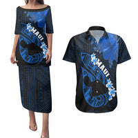Personalized Hawaii Maui Couples Matching Puletasi Dress and Hawaiian Shirt Polynesian Fish Hook Hibiscus Blue Version LT05 Blue - Polynesian Pride