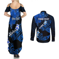 Personalized Hawaii Maui Couples Matching Summer Maxi Dress and Long Sleeve Button Shirts Polynesian Fish Hook Hibiscus Blue Version LT05 - Polynesian Pride