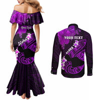 Personalized Hawaii Maui Couples Matching Mermaid Dress and Long Sleeve Button Shirts Polynesian Fish Hook Hibiscus Purple Version LT05 - Polynesian Pride