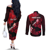Personalized Hawaii Maui Couples Matching Off The Shoulder Long Sleeve Dress and Long Sleeve Button Shirts Polynesian Fish Hook Hibiscus Red Version LT05 - Polynesian Pride