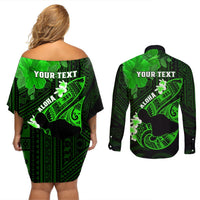 Personalized Hawaii Maui Couples Matching Off Shoulder Short Dress and Long Sleeve Button Shirts Polynesian Fish Hook Hibiscus Green Version LT05 - Polynesian Pride