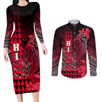 Personalized Hawaii Couples Matching Long Sleeve Bodycon Dress and Long Sleeve Button Shirts Hammerhead Shark Kakau Polynesian Tribal Red LT05 Red - Polynesian Pride