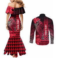 Personalized Hawaii Couples Matching Mermaid Dress and Long Sleeve Button Shirts Hammerhead Shark Kakau Polynesian Tribal Red LT05 - Polynesian Pride