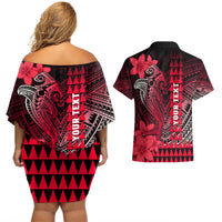 Personalized Hawaii Couples Matching Off Shoulder Short Dress and Hawaiian Shirt Hammerhead Shark Kakau Polynesian Tribal Red LT05 - Polynesian Pride