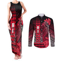 Personalized Hawaii Couples Matching Tank Maxi Dress and Long Sleeve Button Shirts Hammerhead Shark Kakau Polynesian Tribal Red LT05 Red - Polynesian Pride