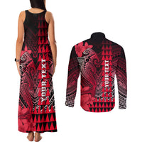 Personalized Hawaii Couples Matching Tank Maxi Dress and Long Sleeve Button Shirts Hammerhead Shark Kakau Polynesian Tribal Red LT05 - Polynesian Pride